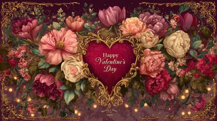 Elegant photo of Happy Valentine's Day card with ornate gold heart frame surrounded by romantic floral arrangement, vintage style