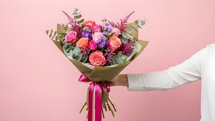 Hand Holding a Large Bouquet of Pink and Orange Roses Against Pink Wall