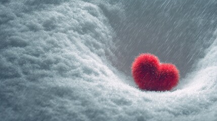 Elegant photo of Red fuzzy heart shape sitting in the snow during a rain shower