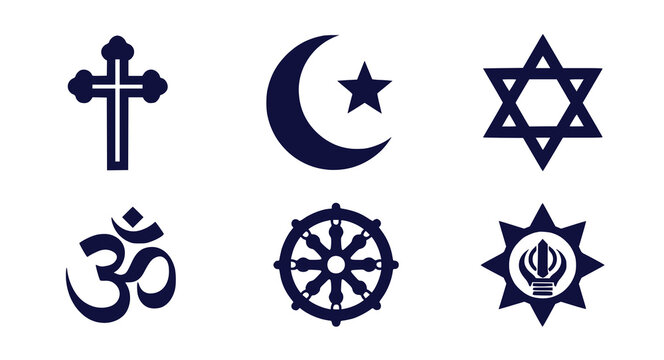 Diverse religious symbols including cross star of david om wheel of dharma islamic crescent moon and sikh khatvadi on transparent background