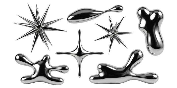 A captivating collection of abstract chrome 3d shapes showcasing fluid and spiky metallic forms