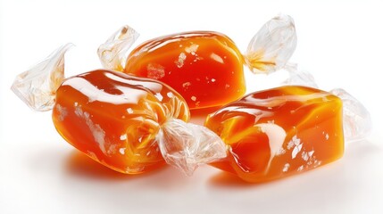 Elegant photo of Three pieces of salted caramel candies in clear wrappers isolated on white background
