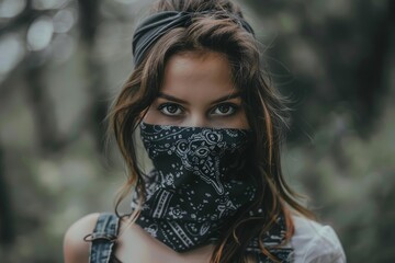Portrait of a serious young woman with bandana covering lower face posing outdoors