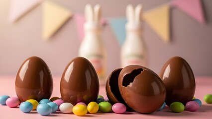 Happy easter sunday chocolate eggs and bunny decorations