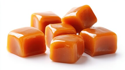 Elegant photo of Delicious soft caramel candy cubes isolated on white background