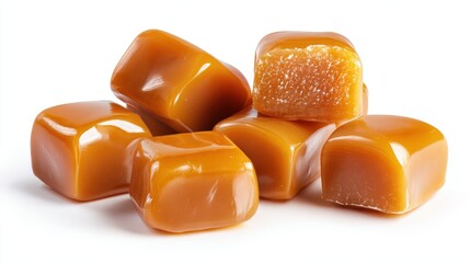 Elegant photo of Pile of soft golden caramel cubes and toffee candies isolated on white background