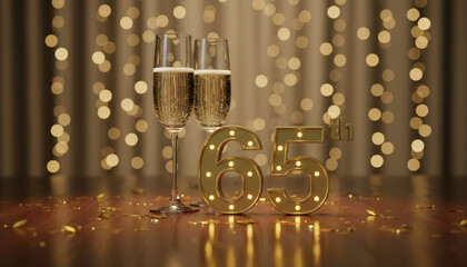 A festive golden 65 number with champagne glasses and soft bokeh lights creates an elegant milestone birthday or anniversary celebration atmosphere.