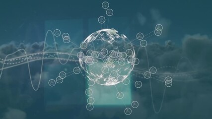 Animation of glowing square shapes and digital wave over spinning globe against clouds in the sky - Powered by Adobe
