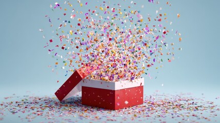 Elegant photo of Explosion of colorful confetti popping out from an open red gift box on a light blue background