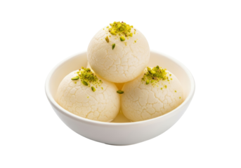 rasgulla dessert in bowl with pistachio garnish
