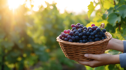 Fresh grapes in a basket held by hands in a vineyard at sunrise. Harvest season and organic farming concept.
