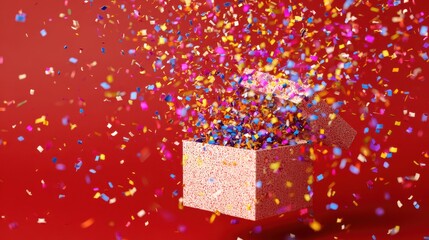Elegant photo of Colorful confetti exploding from an open gift box on a red background