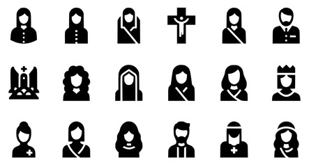 Collection of black silhouette icons depicting various religious figures and symbols on transparent background