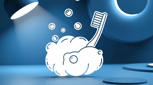 Animated Toothbrush Cleaning Process With Cute Cartoon Bubble Elements On Blue Background
