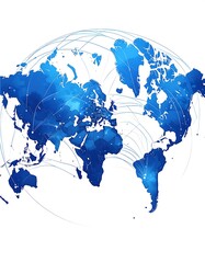 A blue-toned, polygonal world map with connecting lines, symbolizing global networks and communication