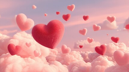 Elegant photo of Fuzzy pink and red hearts floating in a dreamy pink cloudy sky, 3D render illustration