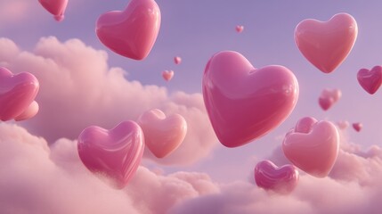 Elegant photo of 3D pink glossy hearts floating in a soft dreamy pastel sky with fluffy clouds, romantic Valentine's Day background