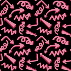 Seamless pattern of pink dimensional arrows on black background. Abstract background for business branding, workflow visuals, packaging, textile and digital design.