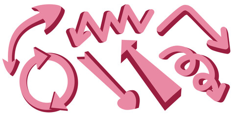 Collection of pink arrows with dimensional effect and dynamic shapes. Creative elements for business workflow, steps visualization, marketing, social media and digital design.