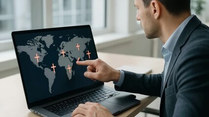 Businessman analyzing a global map with data points on a laptop. Man pointing at the screen for international corporate strategy. Global business and expansion concept - Powered by Adobe
