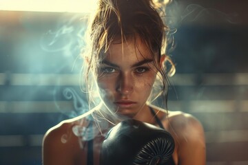 Portrait of a determined female boxer wearing boxing gloves in a smoky boxing ring, ready for a fight