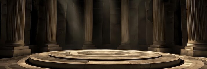 Explore the mysterious allure of dark rooms with architectural columns and circular floors.