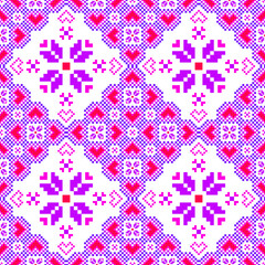 A vibrant traditional textile pattern featuring pixel-style geometric and floral motifs in purple, pink, red, and white, arranged symmetrically with decorative borders. Vector seamless pixel art motif