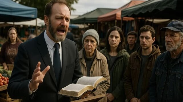 A passionate preacher gives a sermon from the bible to a crowd in an outdoor market. A man speaking to a serious group of people about faith and religion. Public evangelism concept