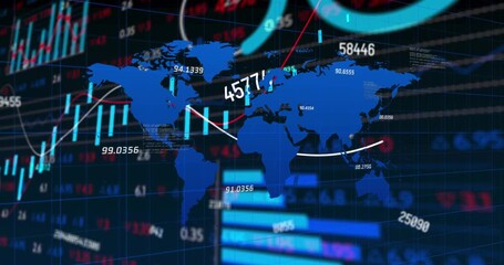 Animation of changing numbers and world map over statistical and stock market data processing - Powered by Adobe