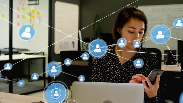 VR headset-wearing businesswoman explores global network connections in animated video.