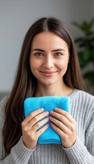 A person woman holding a small blue cushion resembling a cold compress, symbolizing home care, pain relief, comfort, and wellness, with visible copy space for health or lifestyle messaging.