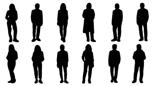 Diverse group of anonymous standing people silhouettes in a minimalist black and white composition