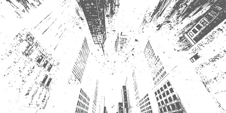 Abstract urban cityscape with grunge texture looking up at towering buildings