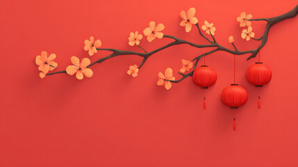 Naklejka premium Cherry blossom branch red lantern festive background, minimal Asian style, elegant and joyful