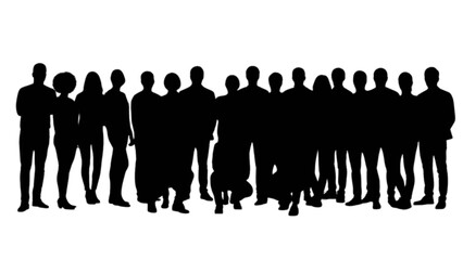 A large diverse group of people standing as striking black silhouettes against a clean white background © Riyadkingline