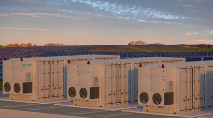 Energy Storage System near a photovoltaic farm.3D rendering.