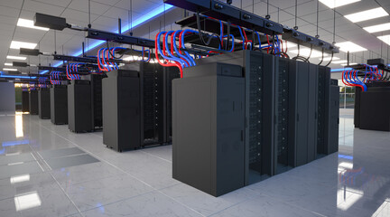 Server Room with Rows of Server Cabinets.3D rendering.
