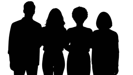 Four diverse people in silhouette standing together symbolizing unity and teamwork