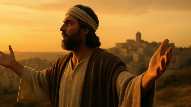 A biblical prophet praying with outstretched arms at sunrise. A historical figure resembling Jesus Christ preaches on a hill overlooking an ancient city. Faith and worship concept
