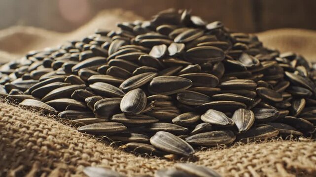 Close up view of sunflower seeds pouring into a burlap sack, seeds overflowing and piling up for a wholesome rustic harvest.