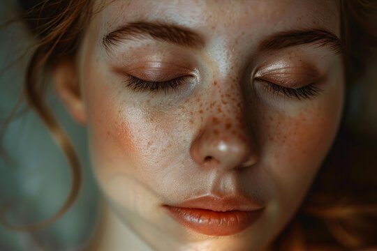 Model with closed eyes showcasing natural freckles and glowing skin, highlighting beauty in imperfection