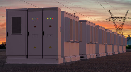 Electricity storage facilities against the backdrop of high-voltage transmission lines.3D rendering.