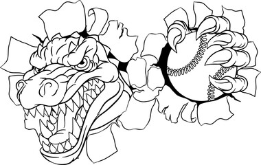 A crocodile, dinosaur or alligator lizard sports mascot holding a baseball or softball ball © Christos Georghiou