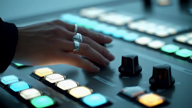 Close Up Of A Hand Adjusting Knobs On A Colorful Light Panel With Glowing Buttons And Subtle Blue Lighting Creating A Futuristic And Technical Atmosphere