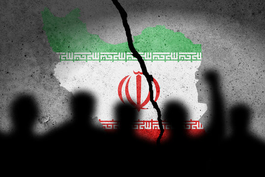 Iran flag painted on concrete wall with protesters shadows. Iranian people protests