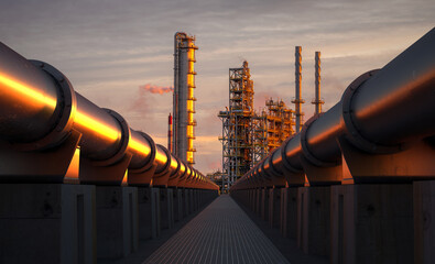 system of metal pipelines supplying gas to a modern factory.3D rendering.