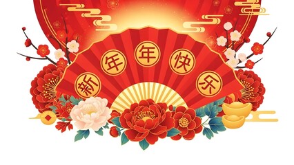 Vibrant Chinese New Year celebration with red fan, flowers, and gold coins.