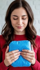 A person woman holding a small blue cushion resembling a cold compress, symbolizing home care, pain relief, comfort, and wellness, with visible copy space for health or lifestyle messaging.