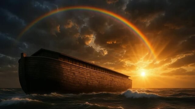 Noah's Ark floating on the ocean after the great flood. A dramatic sunset and rainbow symbolize God's promise. Biblical story of hope and salvation