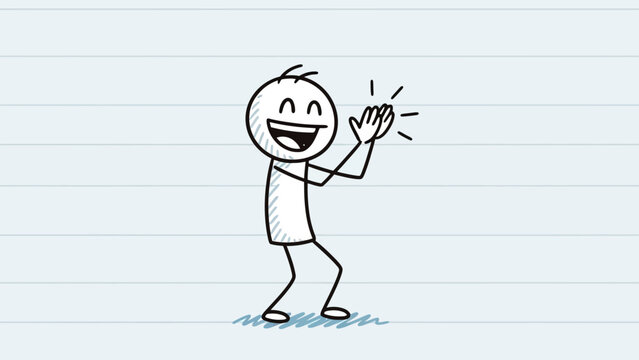 Happy stick figure person enthusiastically clapping hands on a lined paper background, conveying applause.